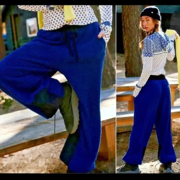 NWT Free People Movement Cuddle Up Fleece Tie Waist Oversize Blue Pants - Picture 8 of 8
